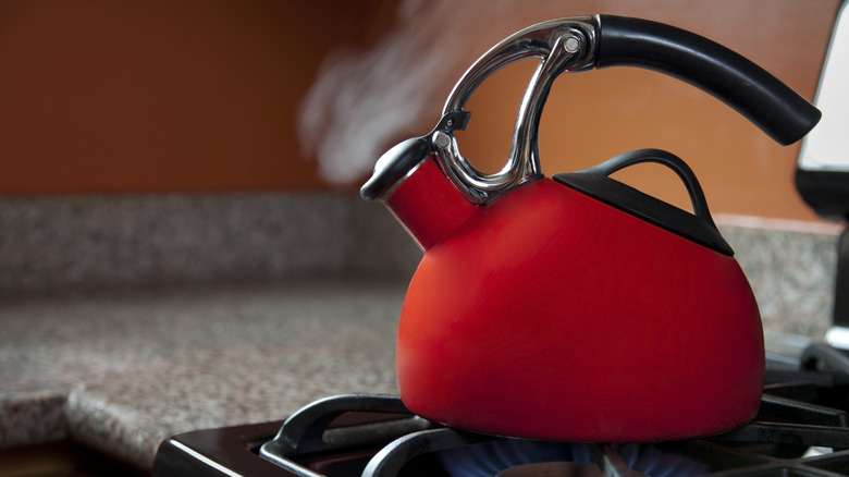red kettle with steam