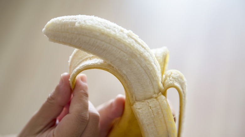 Close-up of a hand peeling a banana