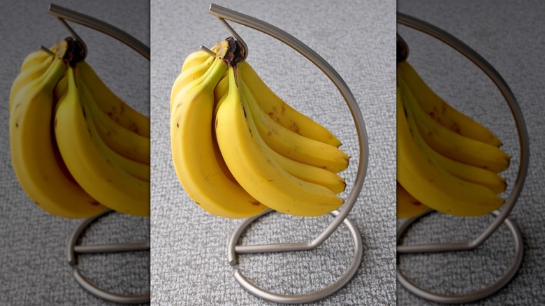 A bunch of banans on a metal hanger