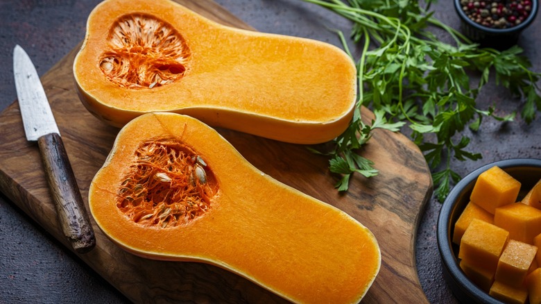 halved butternut squash with seeds