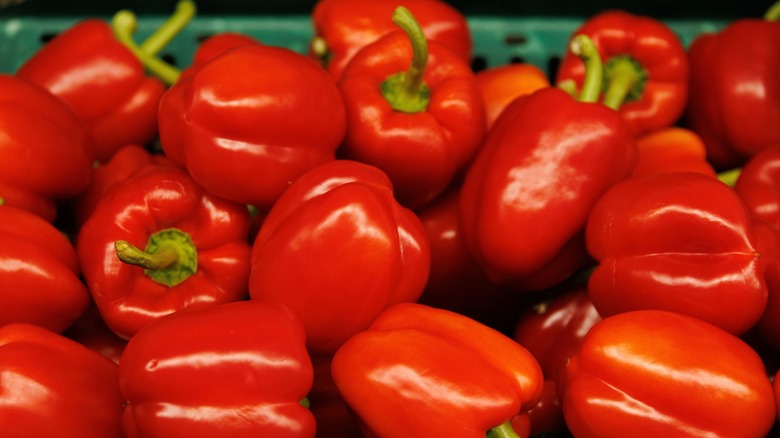 red bell peppers in a bin