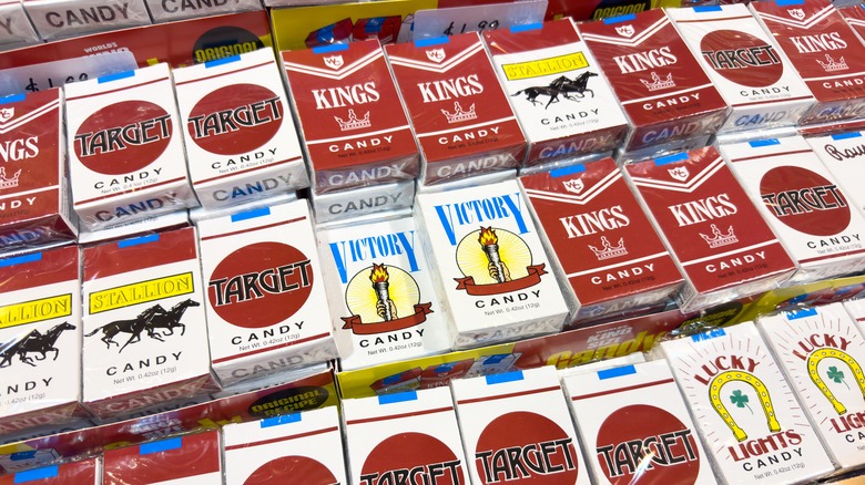 Retro Candy Cigarette Boxes Displayed in Store.