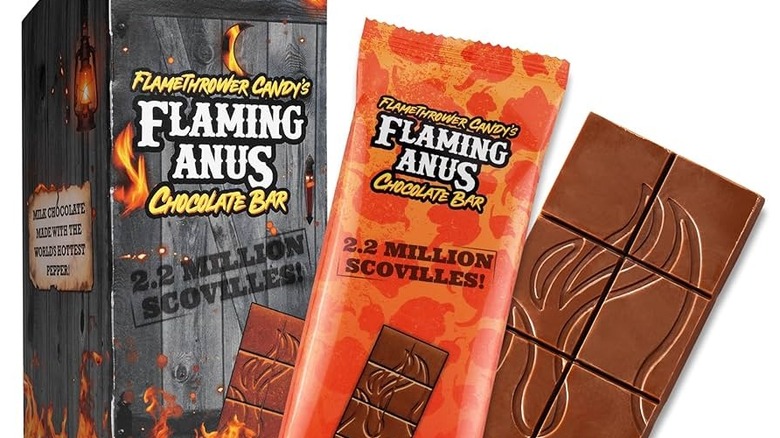 Package of Flamin Anus Chocolate Bar, unwrapped and wrapped