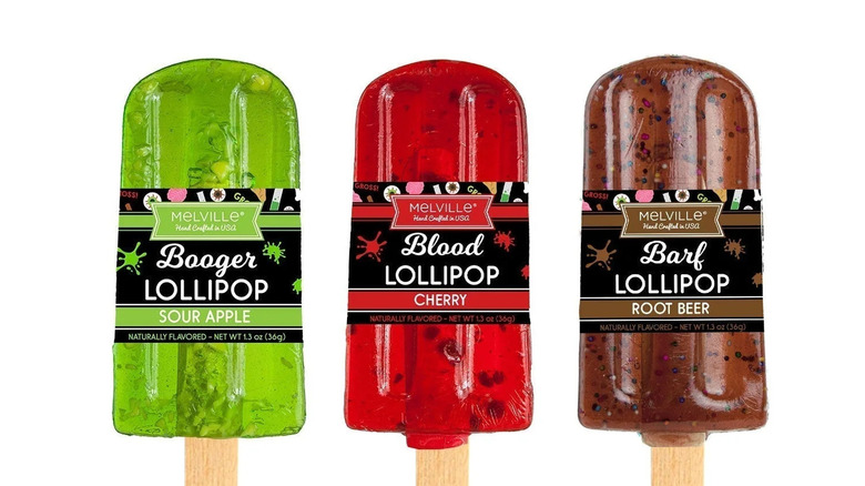 Lineup of three Gross Out Lollipops labelled Booger, Blood, and Barf