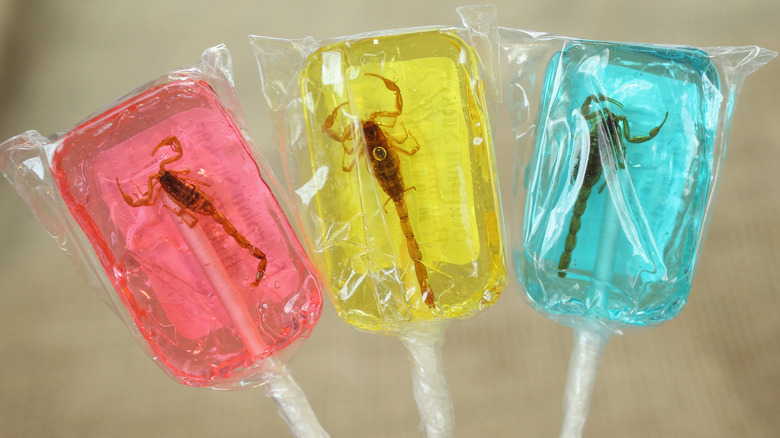 Scorpions are suspended in lollipops at the booth of a retailer selling edible insects for human consumption
