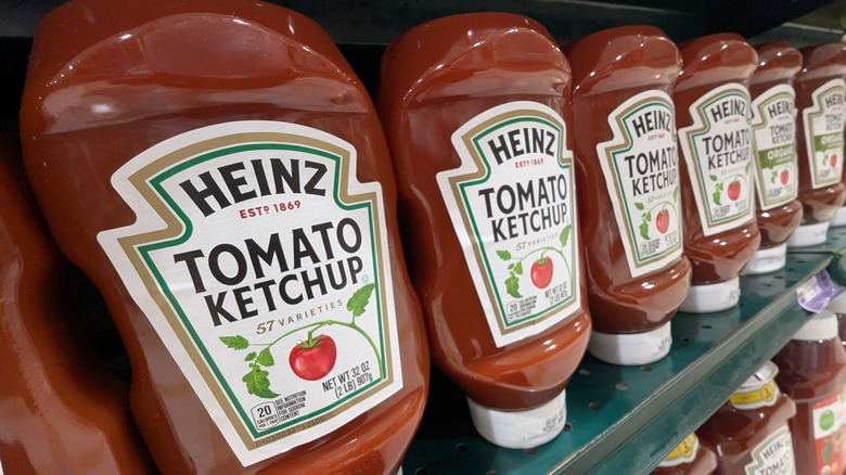Heinz ketchup bottles on shelves