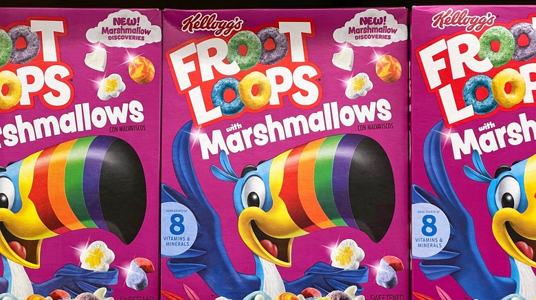 Grocery store shelf with Kellogg's brand Fruit Loops cereal with Marshmallows