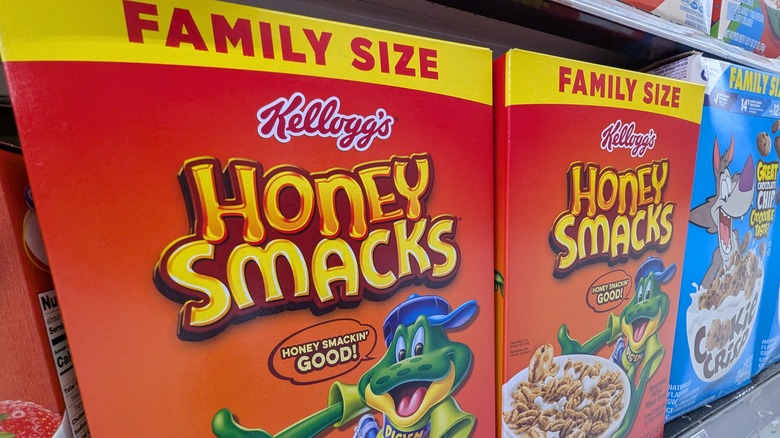Honey Smacks Boxes of Brand Breakfast Cereal Products on Store Shelf at Walmart