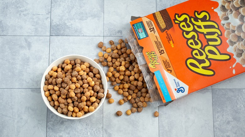 A top down view of a bowl of Reese's Puffs cereal, next to a spilled package.