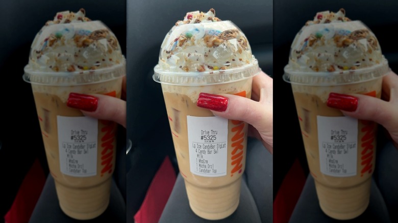 Two side by side images of Dunkin latte with whipped cream and candy pieces