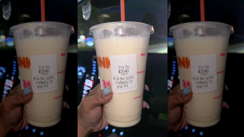 Two side by side images of Dunkin' frozen drink cereal and milk Coolatta