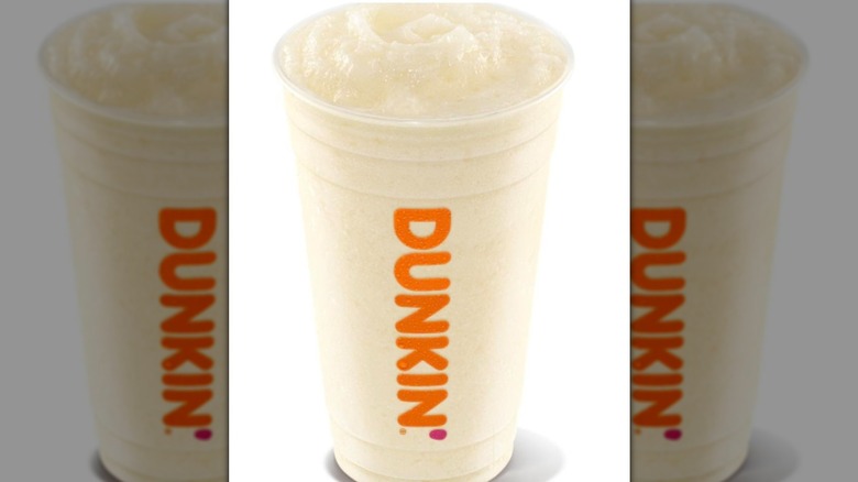Plastic cup of Dunkin' vanilla bean Coolatta