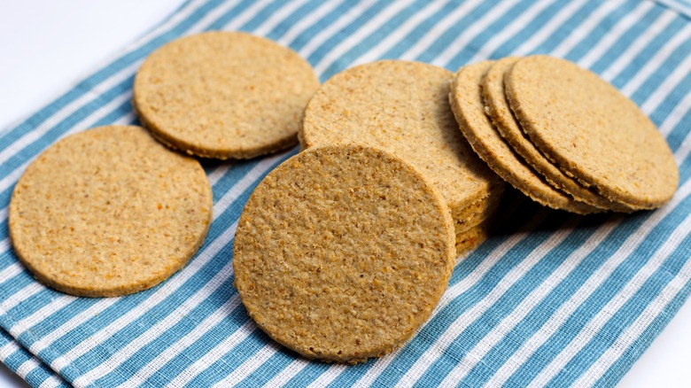 Breakfast oatcakes on a blue and white mat