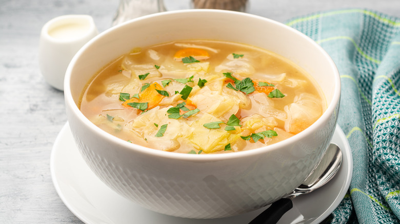 A bowl of home made cabbage winter soup