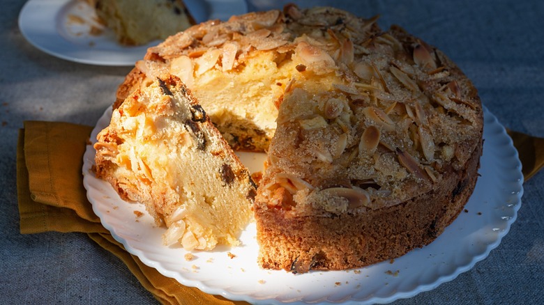 rum raisin apple cake on platter