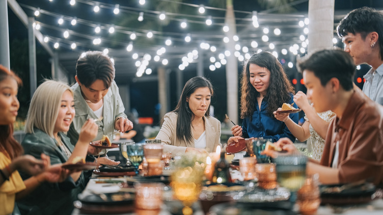 large group eating in restaurant