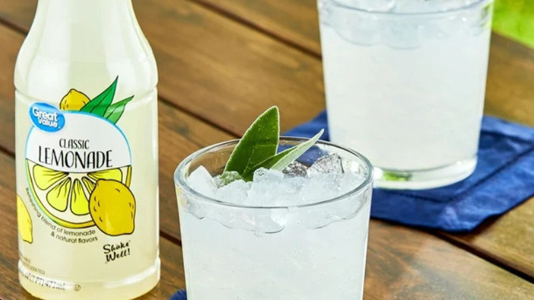 Bottle of Great Value Classic Lemonade with short glass of lemonade