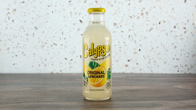 A view of a bottled of Calypso Lemonade, in a menu item setting