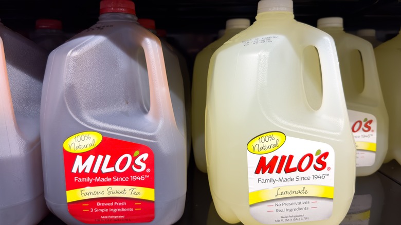 Milo's Sweet Tea and Lemonade Gallons on Refrigerated Shelf.