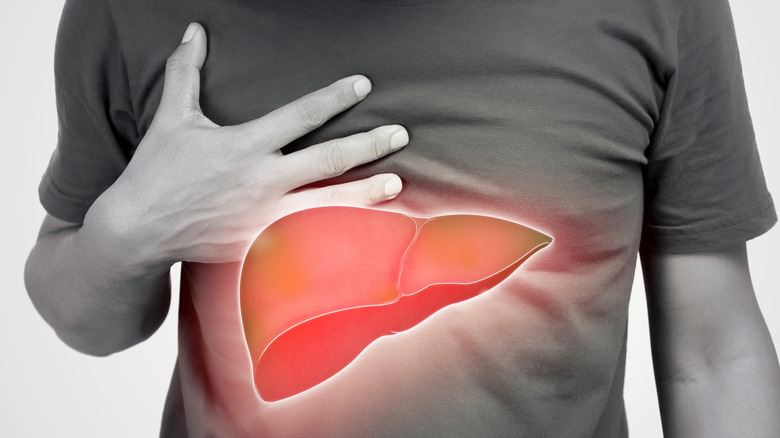 A black and white photo of a man with a red liver imposed on it