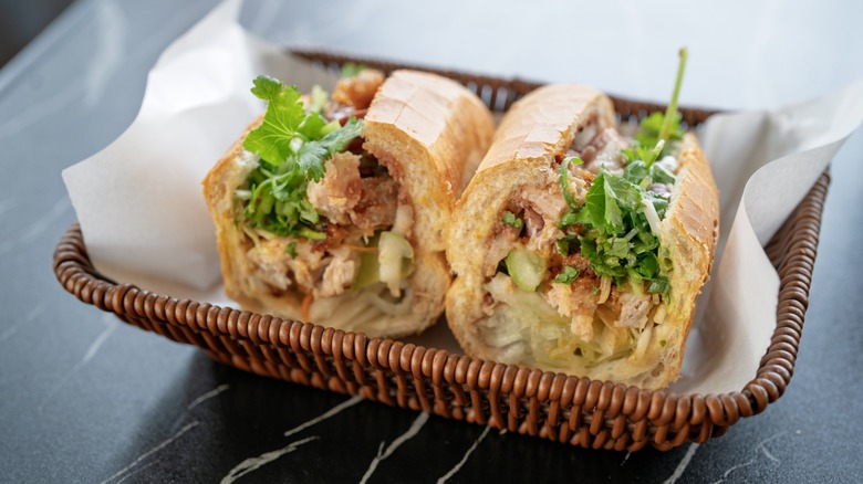 fried pork banh mi with baguette