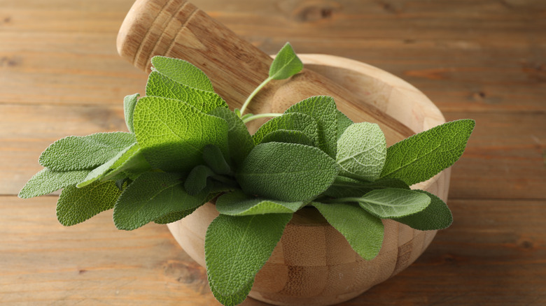 Sage leaves in a pestle and mortar