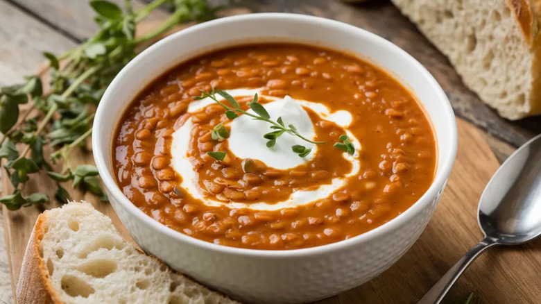 Lentil soup garnished with thyme