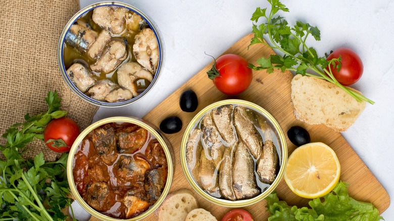 Tins of different types of sardine and sprat
