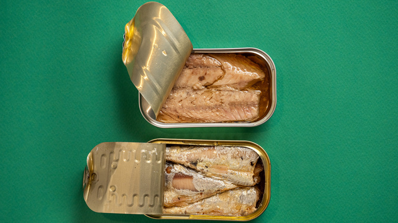 Two open cans of sardines on a green background