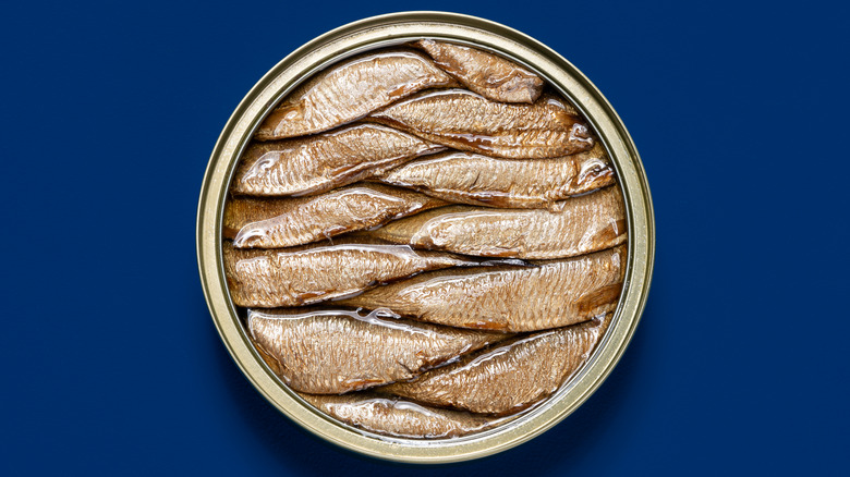 A top down view of an open can of sardines