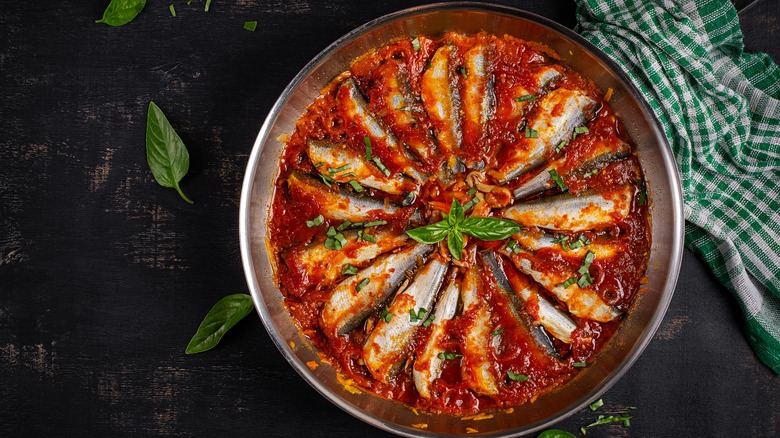 Sardines stewed in tomato sauce with spices