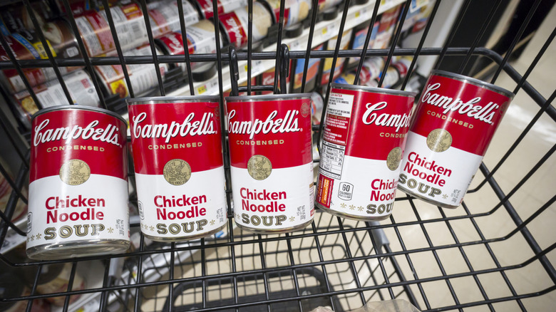 Cans of Campbell's Chicken Noodle Soup in grocery cart