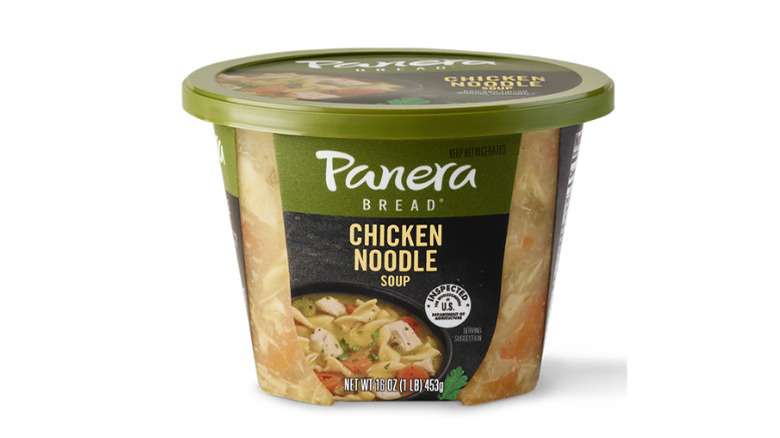 Plastic container of Panera Bread Chicken Noodle Soup