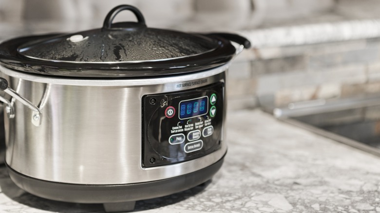a crockpot is in use on a counter
