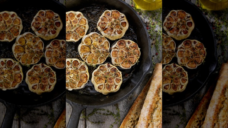 A pan of roasted garlic
