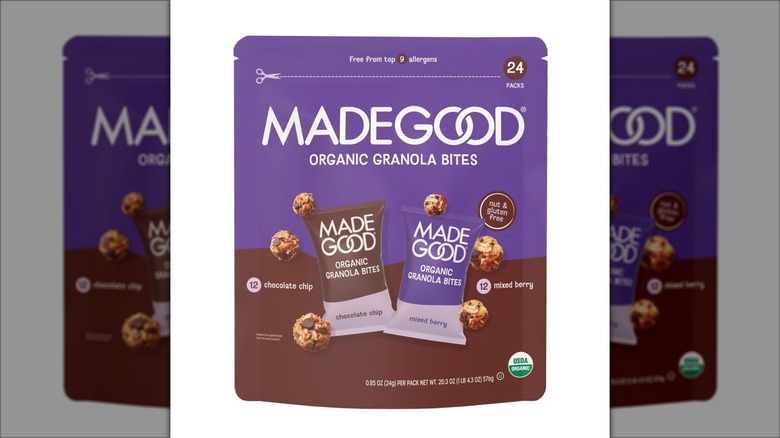 purple and brown bag of granola bite snacks