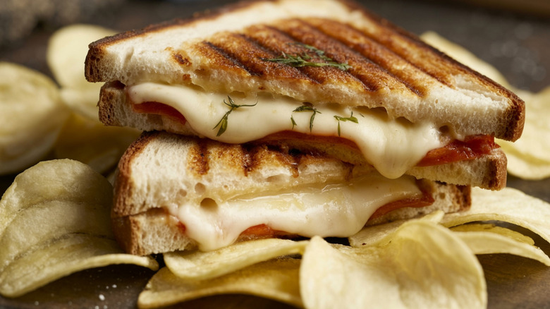 Grilled cheese sandwich with potato chips