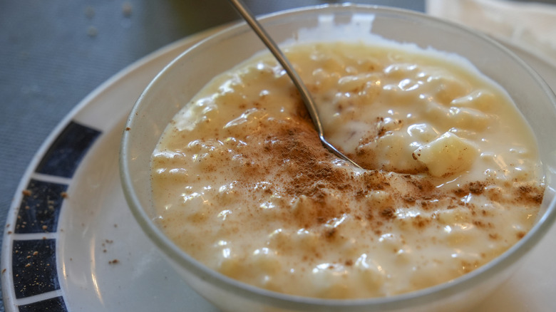 A bowl of rice pudding with cinnamon
