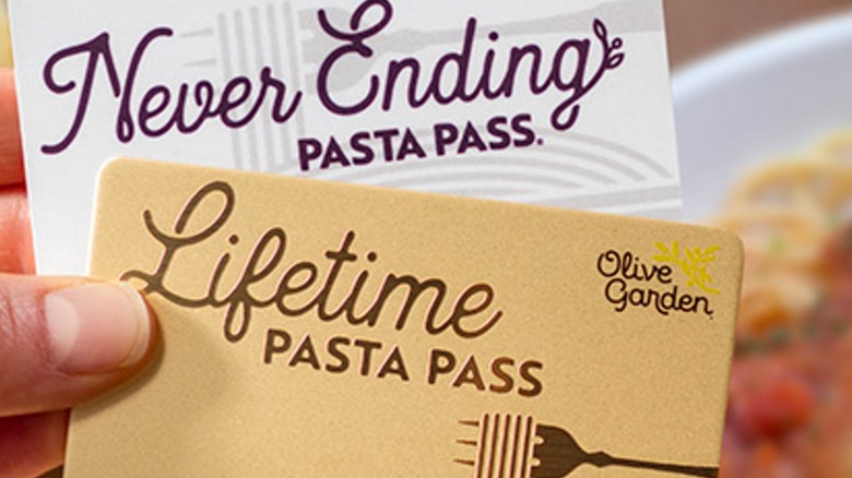 Close ups of Olive Garden's never ending and lifetime pasta passes
