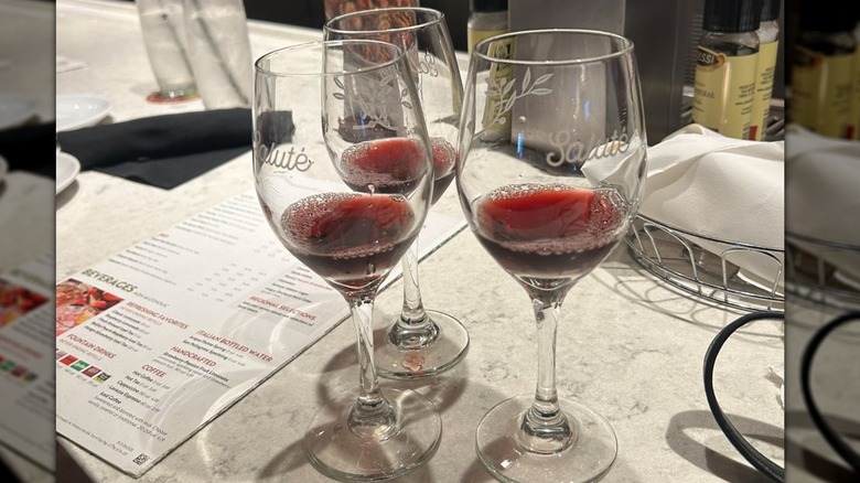 Three glasses of Olive Garden wine