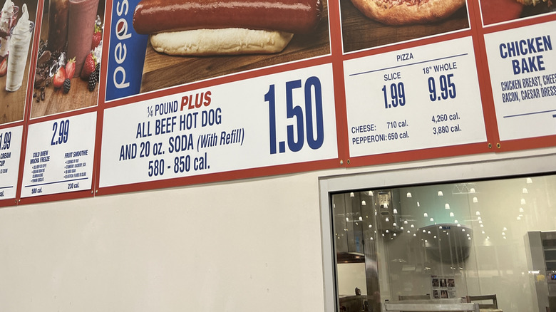 Close-up of signs listing prices at Costco food court
