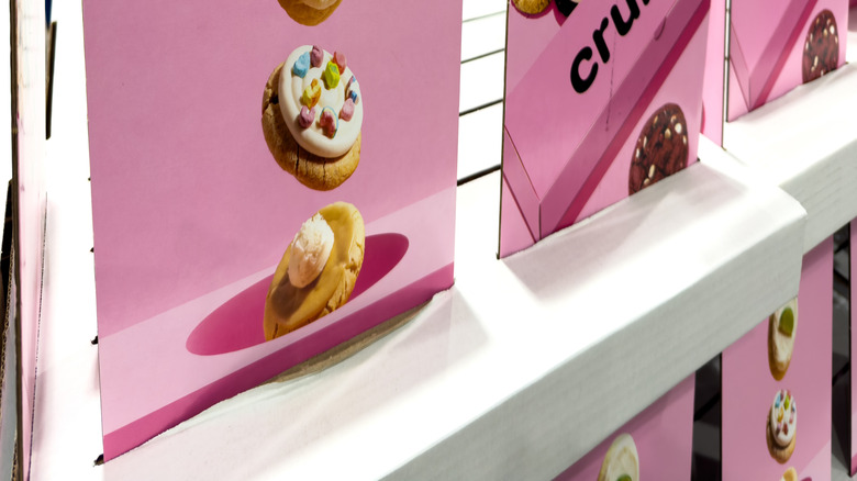 Crumbl cookie shop gift cards on display inside Costco