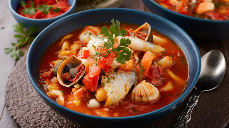 Fish and seafood stew with tomato broth in bowl