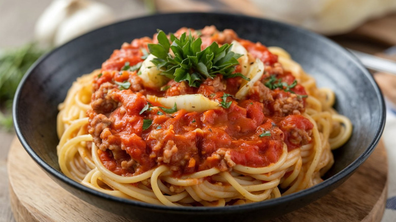 Spaghetti Bolognese: A hearty pasta dish with a rich, meaty tomato sauce, commonly made with beef, onions, garlic, and herbs