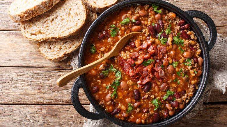Top-down view of a pot of bean stew