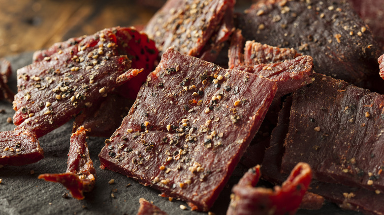 Dried, peppered beef jerky