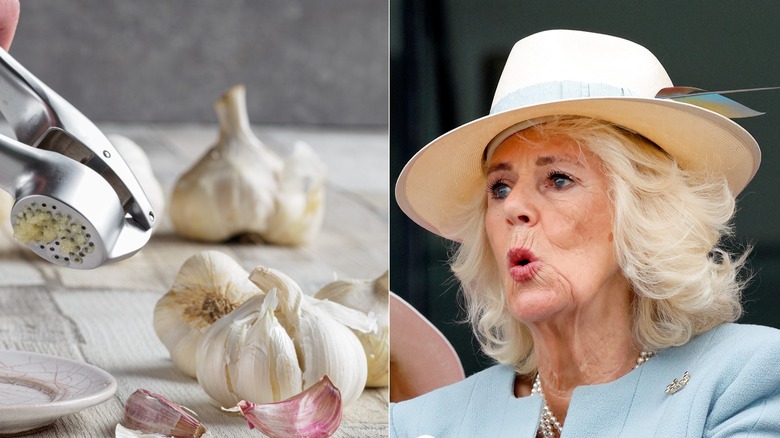 Garlic being pressed next to a picture of Queen Camilla