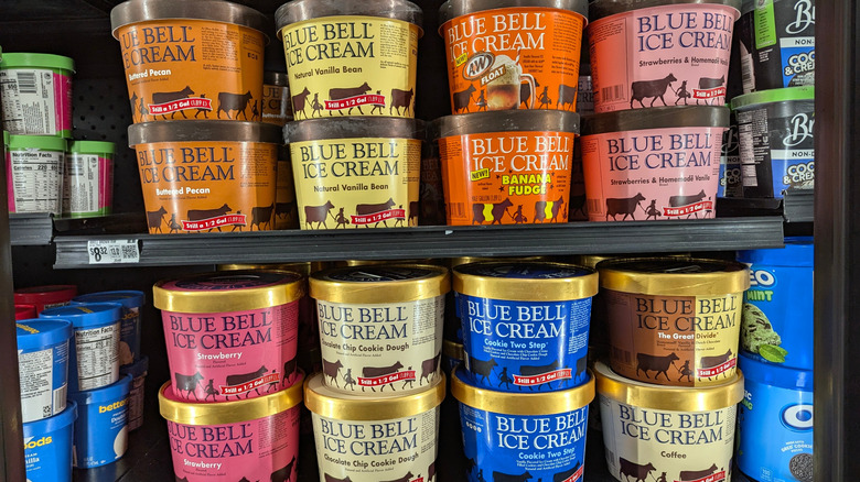 Blue Bell ice cream cartons in store freezer