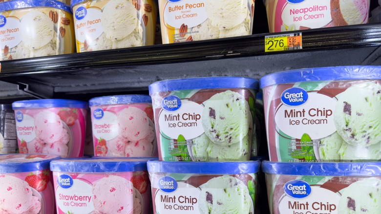 Great Value cartons of ice cream in store freezer