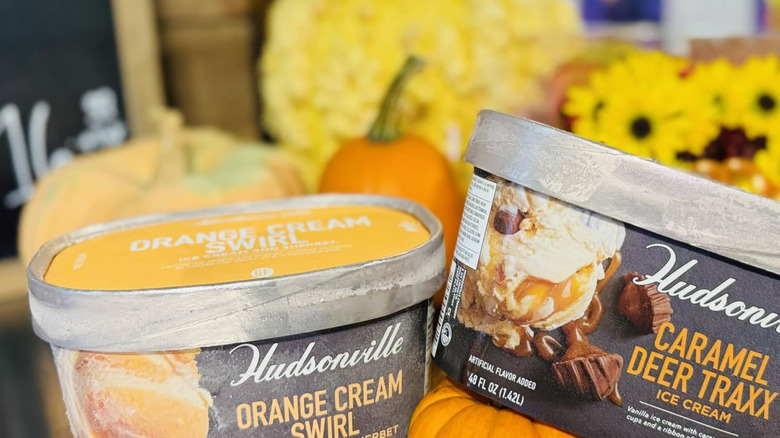 Cartons of Hudsonville ice cream on wooden table